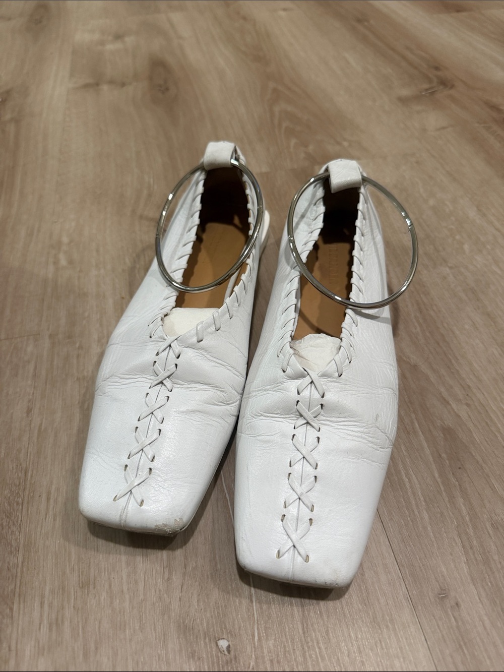 Jil Sander White Leather Ballet Shoes with Silver Hoop Ankle Accent